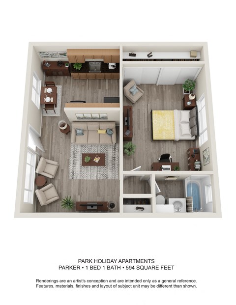 Floor plan for 1 bed, 1 bath, 594 sqft